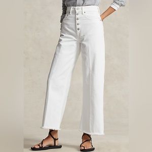 DKNY Women’s White Denim Pants Exposed Button Fly Wide Leg Distressed Hem
